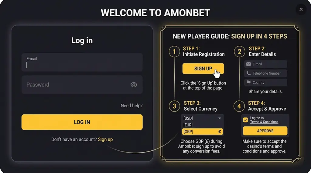 Login fields for Amonbet Casino to access player dashboard