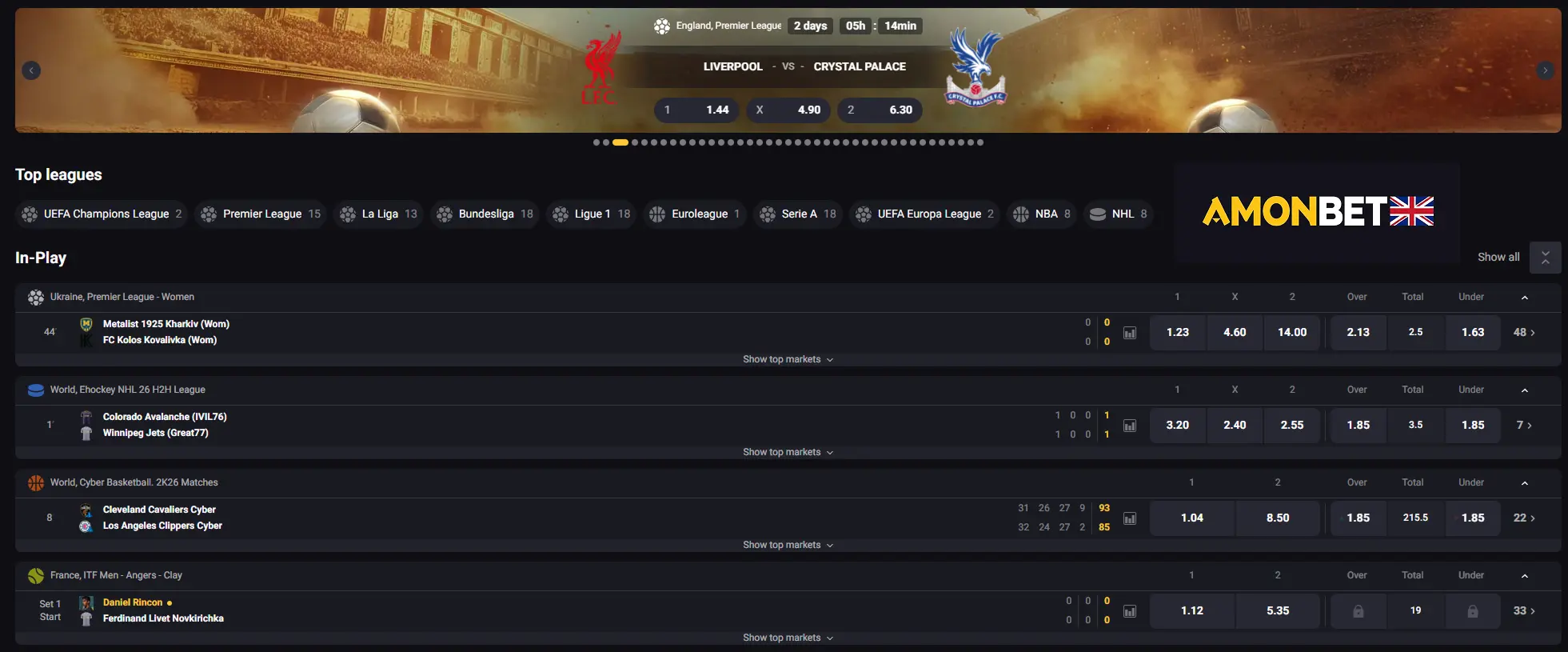 Amonbet sportsbook for selecting betting odds
