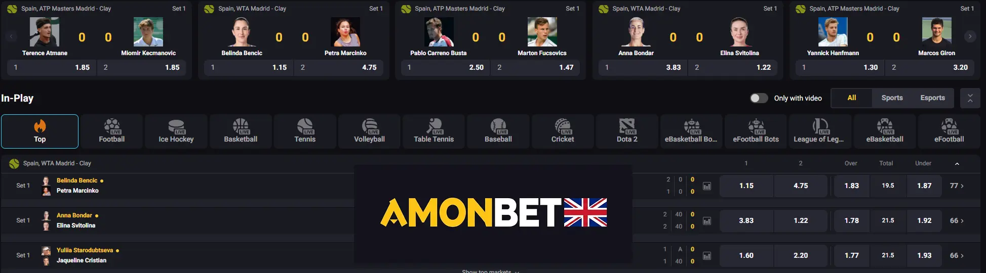 In-play board at Amonbet UK for placing real-time live bets