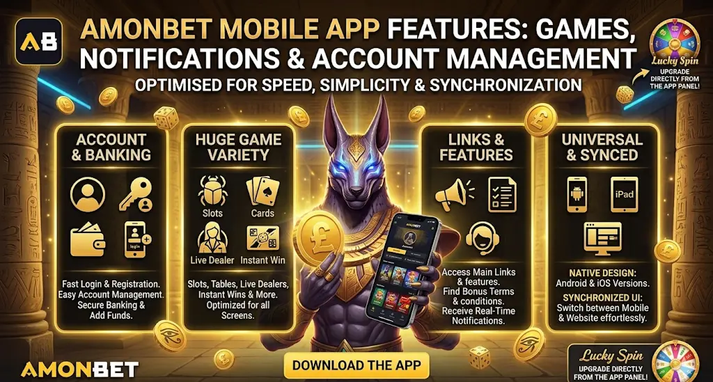 Amonbet app interface showing features for account managemen