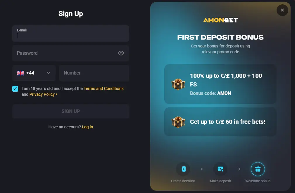 Registration form on Amonbet Casino to create a new account